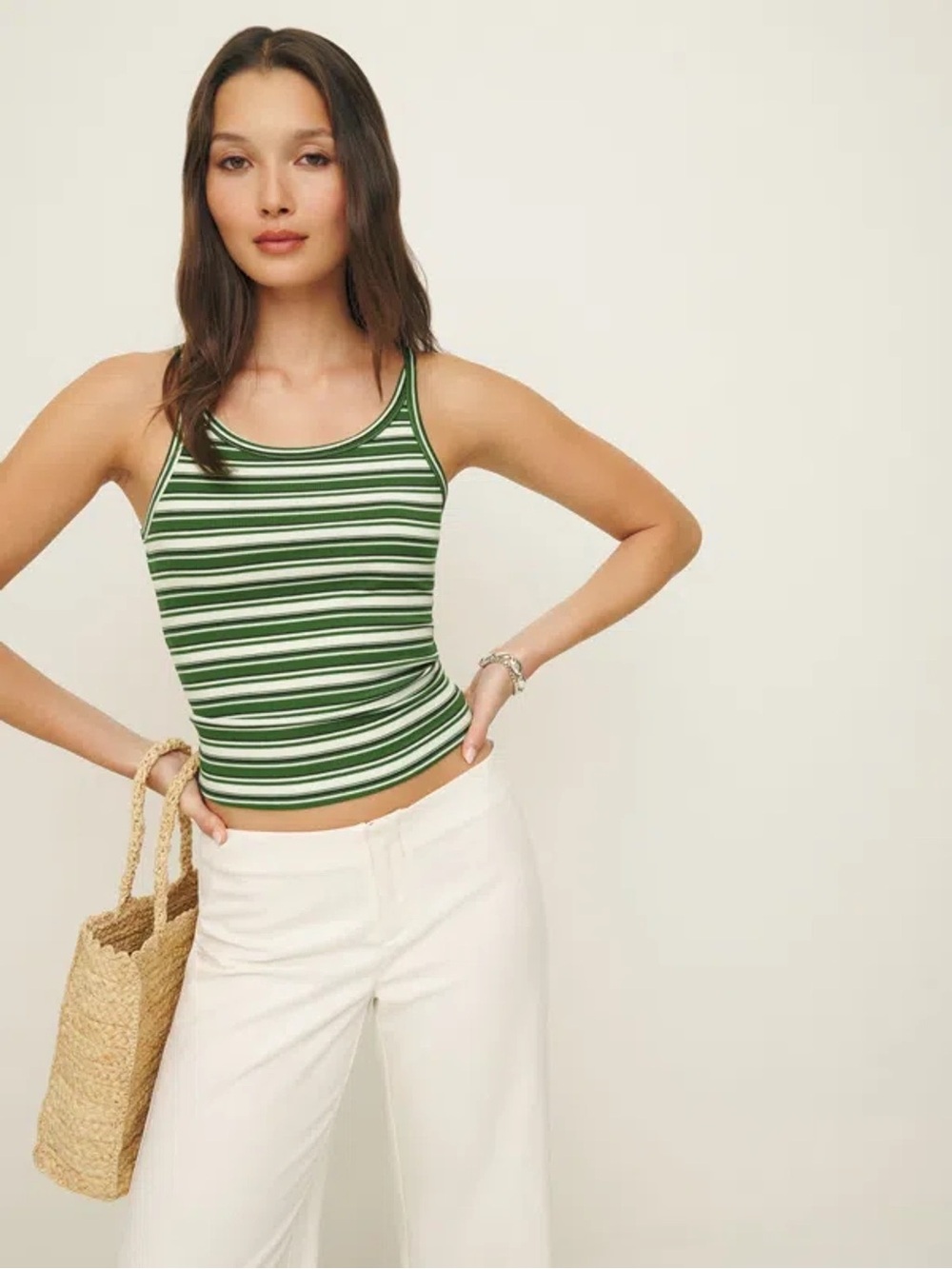 Reformation Green and White Striped Ribbed Tank